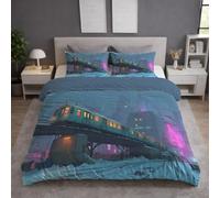 Generico Morbido Set Copripiumino Città, Completo Letto Biancheria da Letto in Blu Microfibra, Treno Edificio Notte, Zip nascosta, Facile cura, Piazza E Mezza 220 X 220 cm, Traspirante, Leggero