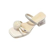 Generico Mule Punta Quadra Cinturino Strass Appliqué Rosa Tacco Blocco Trasparente