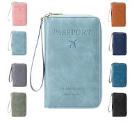 Generico Multi-functional RFID Passport Holder for Travel Essentials,Passport Holder for Travel Essentials,Slim Leather Wallet Cover Case with Safe Zipper, Travel Wallet for Men & Women (Sky blue)