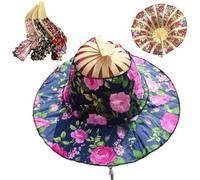 Generico Multifunctional Folding Hand Fan Sun Hat, 2 in 1 Bamboo Folding Fan Hat with Floral Printed, Summers Shade Hats (Color J)
