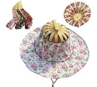 Generico Multifunctional Folding Hand Fan Sun Hat, 2 in 1 Bamboo Folding Fan Hat with Floral Printed, Summers Shade Hats (Color H)
