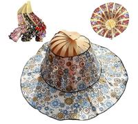 Generico Multifunctional Folding Hand Fan Sun Hat, 2 in 1 Bamboo Folding Fan Hat with Floral Printed, Summers Shade Hats (Color D)