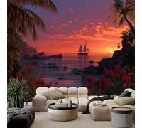 Generico Murales Fotomurale Vintage Costiero Tropicale Barca a Vela, 250 x 175 cm (L x A) Carta da Parati Panoramica per Soggiorno Camera da Letto Cameretta e Decorazione da Parete - Arancione