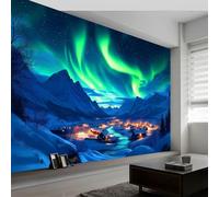 Generico Murals Fotomurali Aurore Boreali Montagne Innevate Paese, 200 x 140 cm Decorazione da Muro Poster Giganti Blu per Camere da Letto Soggiorni Camera dei Bambini Sfondo Carta da parati