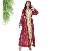 Generico Muslim Gold-Embroidered Abaya Dress Set Comfortable And Breathable Fabric Elegant And Graceful Robe with Lace Belt (Red,M)
