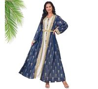 Generico Muslim Gold-Embroidered Abaya Dress Set Comfortable And Breathable Fabric Elegant And Graceful Robe with Lace Belt (Blue,L)