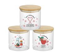 Generico ''Natale'' Set Tris Contenitori per Sale Zucchero e Caffè Confezione 3 Barattoli Trasparenti In Vetro Personalizzati Coperchio Legno Idea Regalo Arredo Decorazioni Nalitizie Casa Cucina4
