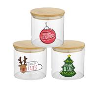 Generico ''Natale'' Set Tris Contenitori per Sale Zucchero e Caffè Confezione 3 Barattoli Trasparenti In Vetro Personalizzati Coperchio Legno Idea Regalo Arredo Decorazioni Nalitizie Casa Cucina3