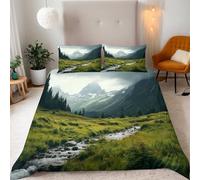 Generico Natura Parure Copripiumino Matrimoniale 155x220cm Foresta Neve Montagna Ruscello Copripiumino Ragazza Set di Biancheria da Letto Microfibra Cerniera Nascosta 3 Pezzi e 2 x Federe 50x75cm