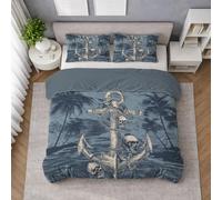 Generico Nautico Set Copripiumino, Completo Letto Biancheria da Letto in Blu scuro Microfibra con Federe, Singolo 155 X 200 cm, Ancora Teschio Palma, Soffice, Facile cura, Zip nascosta, Morbido