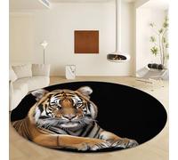 Generico Nero Tappeto Rotondo 120 cm Maestà Della Tigre Animata, stampa lavabile in lavatrice, antiscivolo Rotondo Tappeto per camera da letto, sala da soggiorno morbido Facile da Pulire Moquette