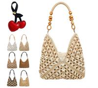 Generico New Fashionable Handmade Woven Bag, Boho Large Capacity Summer Tote Bag with Beaded Shoulder Strap for Shopping, Beach Trips (E)