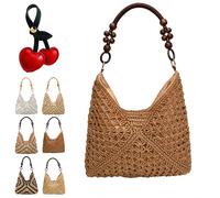 Generico New Fashionable Handmade Woven Bag, Boho Large Capacity Summer Tote Bag with Beaded Shoulder Strap for Shopping, Beach Trips (D)