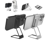 Generico New Upgraded Back Clip Type 360° Folding Bracket, Back Clip Adjustable Height and Angle Foldable Phone Stand, with Stable Metal Base, Compatible withr All Types Smartphones (Silver+Black)