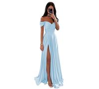 Generico off The Shoulder Abiti da Damigella d'Onore Donne Lungo Raso A Line Scollo A V Increspature Abiti da Ballo Abiti da Sera Formale da Festa Light Blue 40