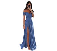 Generico off The Shoulder Abiti da Damigella d'Onore Donne Lungo Raso A Line Scollo A V Increspature Abiti da Ballo Abiti da Sera Formale da Festa Dusty Blue 36