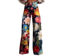 Generico Offerte Oggi Jeans Baggy Donna con Stampa Floreale Casual A Vita Alta Gamba Larga vestibilità Ampia Pantaloni in Denim Colorati Vintage retrò Modello Palazzo Pantalone Boho Pants con Tasche