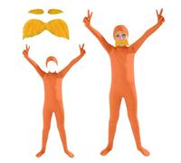Generico Orange Morph Suit 2025 per bambini ispirata a Lorax con baffi/sopracciglia arancioni, tuta intera, bodysuit viso aperto, cosplay.