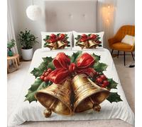 Generico Oro Natale Campane Set di Biancheria da Letto Singolo, Natale Camera da Letto Microfibra Copripiumino, Lavabile 3 Pezzi 150×200 + 2×Federe 50×75CM con Cerniera e Fascette Angolari