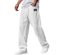 Generico Pacificozy Mens Pants - Men's Casual Hemp Fabric Embroidered Logo Drawstring Loose Elastic Waist Pocket Trousers (White,L)