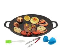 Generico Padella Grill Rotonda Antiaderente,Padella Tonda Antiaderente con Manici - Utensili da Cucina con Guanto Pennelli Pinze - Per Bistecca Frutti Di Mare Verdure E Costine