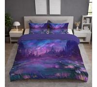 Generico Paesaggio Completo Letto Scuro, Set Copripiumino Biancheria da Letto in Microfibra con Federe, Loto Lago Reliquia, Leggero, Soffice, Piazza E Mezza 220 X 220 cm, Facile cura, Traspirante