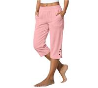 Generico Pantaloncini al Ginocchio da Donna con Tasche Culottes Estivi Pantaloni Capri per Il Regno Unito Orlo Diviso Bottoni Decorativi in Legno Leggeri e Traspiranti Traspirante