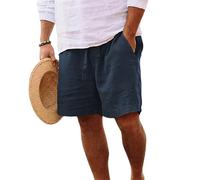 Generico Pantaloncini da Uomo in Lino, Estivi, Leggeri E Ariosi, Cargo, con Tasche, Tinta Unita, vestibilità Ampia, Elastico in Vita, Pantaloni Casual da Spiaggia, Pantaloni Sportivi, Blu Navy, Tag