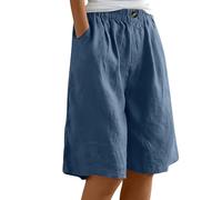 Generico Pantaloncini Donna Estivi Eleganti Casual Pantaloni di Lino Estivi Larghi Gamba Larga Bermuda con Tasche Vacanza Taglie Forti Shorts Donna Comodi Elastico in Vita Vita Alta Pantaloni Corti