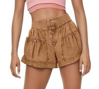 Generico Pantaloncini Jeans Donna Vita Alta Elasticizzati con Volant,Bermuda Jeans Larghi Gamba Larga Casual con Bottoni,Pantaloncini a Palazzo Eleganti,Tinta Unita Baggy Jean (Brown, M)