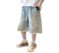 Generico Pantaloncini Jeans Estivi Casual Ragazzo Stampa Lettere Cinque Tasche Comodi Morbidi Elasticizzati Vita Regolabile (Blue, 11-12 Years)