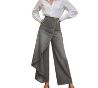 Generico Pantalone da donna a gamba larga con orlo asimmetrico festone, alla moda e trendy, a vita alta, a zampa d'elefante, pantaloni da lavoro con cerniera a bottone, primavera ed estate, per