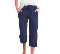 Generico Pantaloni 3/4 Donna Tinta Unita Estivi Pantalone Cropped Cotone E Lino Curvy Eleganti Pinocchietto Spiaggia con Tasche Vita Alta Larghi Comodi Sportivi Pantaloni Capri Ampi Cotone Casual