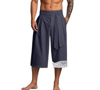 Generico Pantaloni a Gamba Larga Dritti a Tre Quarti Pantaloncini Estivi da Uomo in Lino Giapponese Stile retrò Elasticizzati Tradizionali Hakama Kung Fu Kimono Bagno Casual Allentati Yoga Jogging