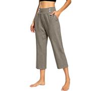 Generico Pantaloni Capri Donna, Lino Cotone Vita Alta Elasticizzati con Bottoni Tasche, Gamba Dritta Larga Palazzo Leggeri Comodi, Ideali Ufficio Lavoro Affari Casual Spiaggia, Tinta Unita Eleganti
