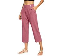 Generico Pantaloni Capri Donna, Lino Cotone Vita Alta Elasticizzati con Bottoni Tasche, Gamba Dritta Larga Palazzo Leggeri Comodi, Ideali Ufficio Lavoro Affari Casual Spiaggia, Tinta Unita Eleganti