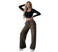 Generico Pantaloni Cargo Donna, Pantalone Donna Comodo,Palazzo in Raso Larghi e Dritti con Coulisse a Vita Alta e Stampa Leopardata per Taglie Forti