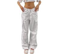 Generico Pantaloni Cargo Dritti Donna Taglie Forti con Tasche Laterali e Vita Elasticizzata Gamba Larga Morbidi Comodi per Il Tempo Libero Autunno(White, S)