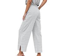 Generico Pantaloni Casual Donna Stile Stripe Largo Alta Vita Comodo Nove Pollici Gamba Dritta per Uso Quotidiano(Grey, L)