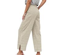 Generico Pantaloni Casual Donna Stile Stripe Largo Alta Vita Comodo Nove Pollici Gamba Dritta per Uso Quotidiano(Khaki, XL)