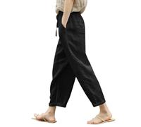 Generico Pantaloni Curvy Donna Estivi,Pantaloni Estivi da Donna in Cotone E Lino Tasche Larghe Elastico in Vita Pantaloni Larghi Retro Letterario Tinta Unita Casual NONO
