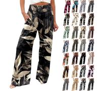 Generico Pantaloni da Donna a Gamba Larga Elasticizzati Vita Alta Spiaggia in Cotone Lino Pantalone Estivi Palazzo (a19-Nero, L)