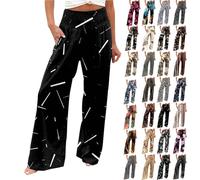 Generico Pantaloni da Donna a Gamba Larga Elasticizzati Vita Alta Spiaggia in Cotone Lino Pantalone Estivi Palazzo (a16-Nero, XXL)