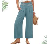 Generico Pantaloni da Donna a Palazzo con Vita Alta,Gamba Larga Estivi inLino Fluidi da Spiaggia Yoga Taglie Forti Boho(Blue 2,M)