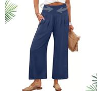 Generico Pantaloni da Donna a Palazzo con Vita Alta,Gamba Larga Estivi inLino Fluidi da Spiaggia Yoga Taglie Forti Boho(Blue 3,L)