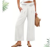 Generico Pantaloni da Donna a Palazzo con Vita Alta,Gamba Larga Estivi inLino Fluidi da Spiaggia Yoga Taglie Forti Boho(Bianca,XL)