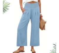 Generico Pantaloni da Donna a Palazzo con Vita Alta,Gamba Larga Estivi inLino Fluidi da Spiaggia Yoga Taglie Forti Boho(Blue,XXL)