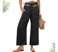 Generico Pantaloni da Donna a Palazzo con Vita Alta,Gamba Larga Estivi inLino Fluidi da Spiaggia Yoga Taglie Forti Boho(Nero,XXL)