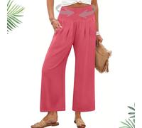Generico Pantaloni da Donna a Palazzo con Vita Alta,Gamba Larga Estivi inLino Fluidi da Spiaggia Yoga Taglie Forti Boho(Pink,XL)