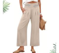 Generico Pantaloni da Donna a Palazzo con Vita Alta,Gamba Larga Estivi inLino Fluidi da Spiaggia Yoga Taglie Forti Boho(Beige,S)
